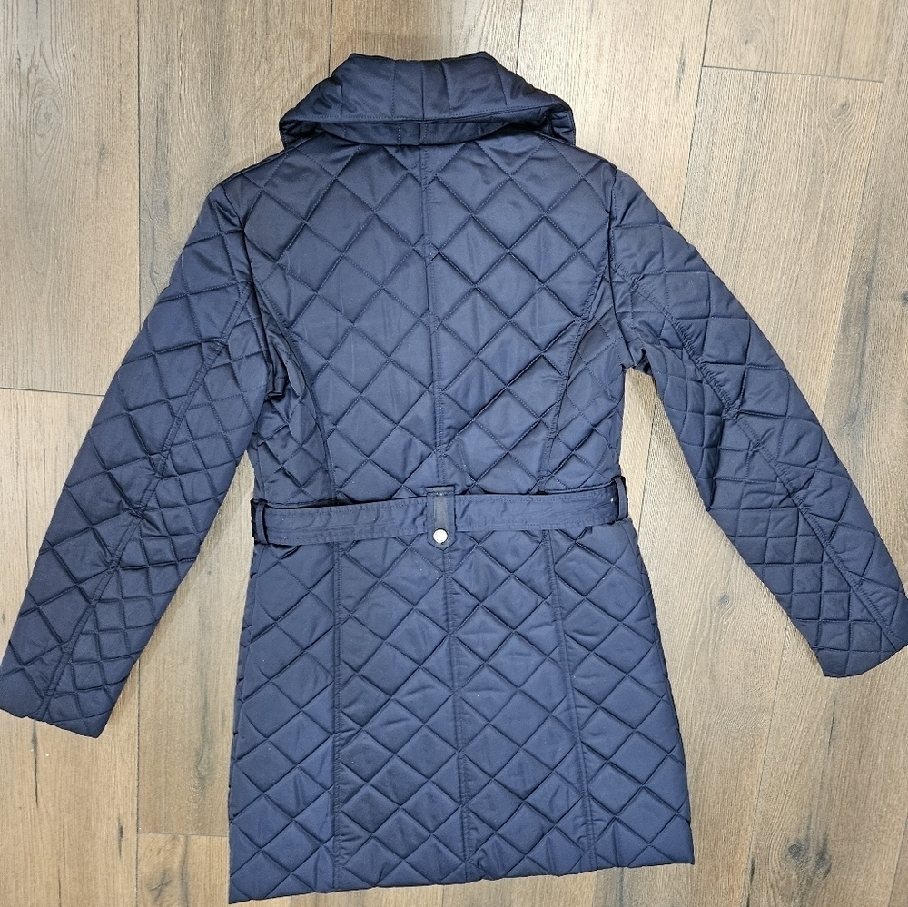 T Tahari Navy Quilted Belted Coat - Size S - Picture 15 of 16